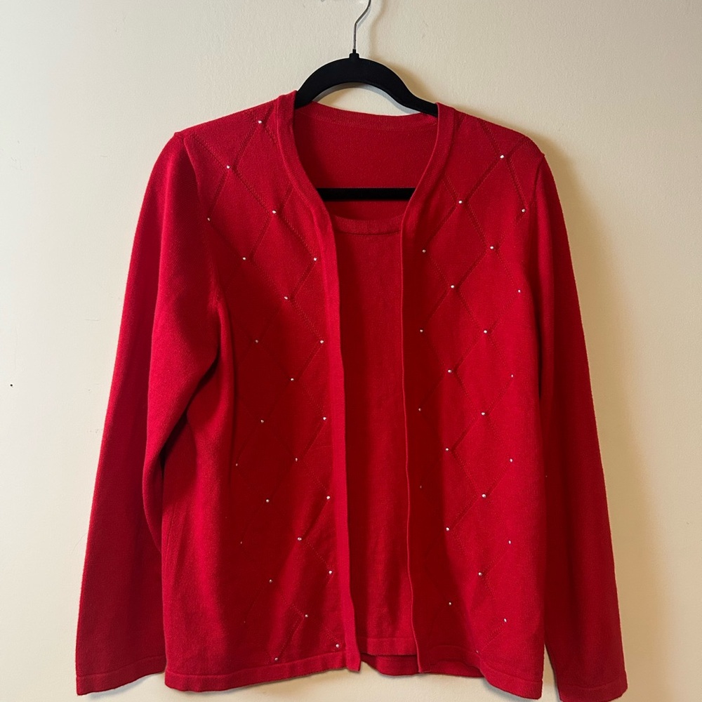 Chic Red Women's Cardigan with Embellishments